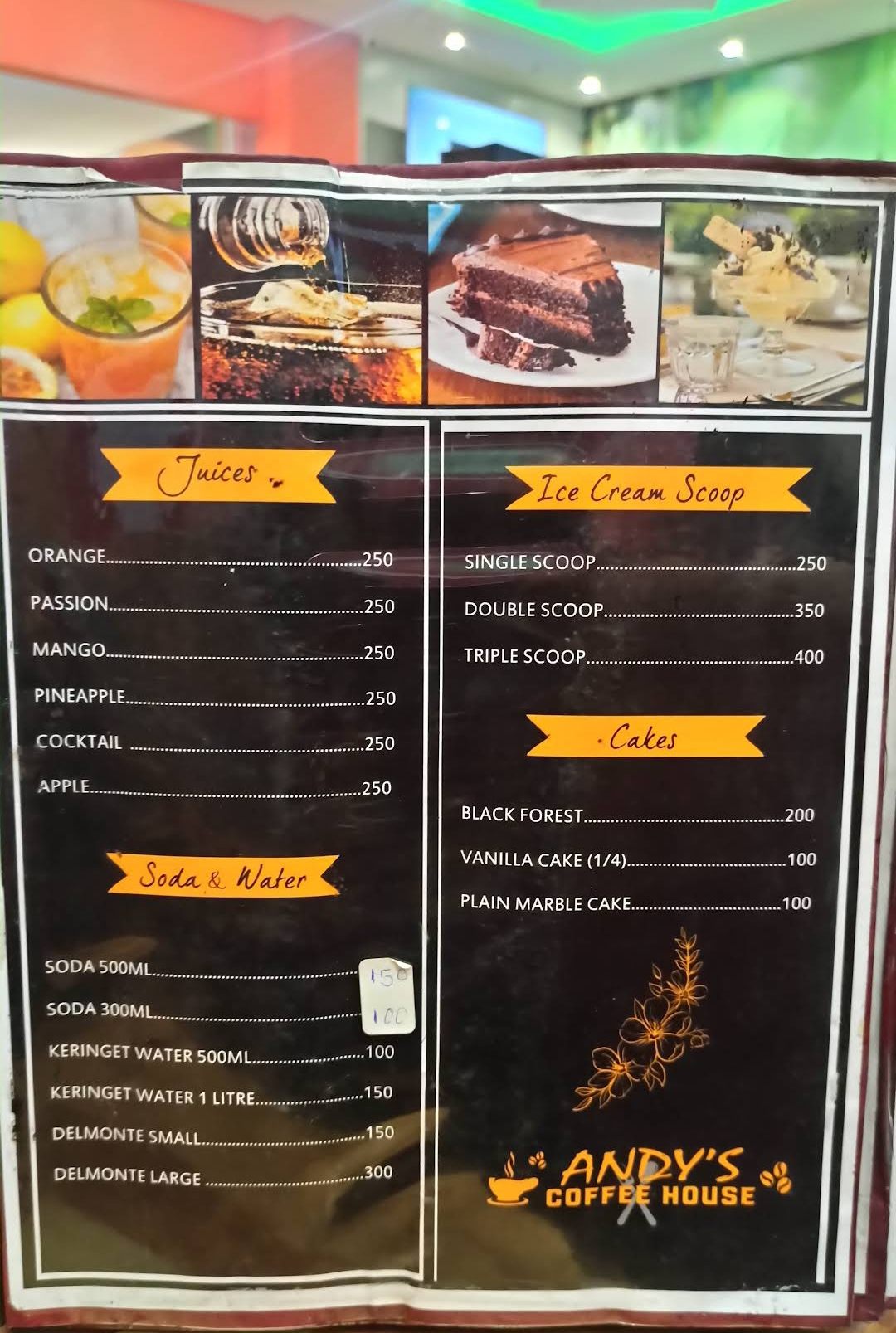Menu board — juices and desserts