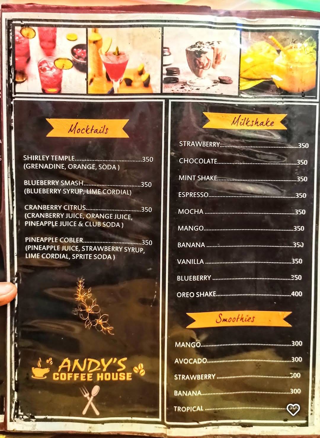 Menu board — shakes and mocktails